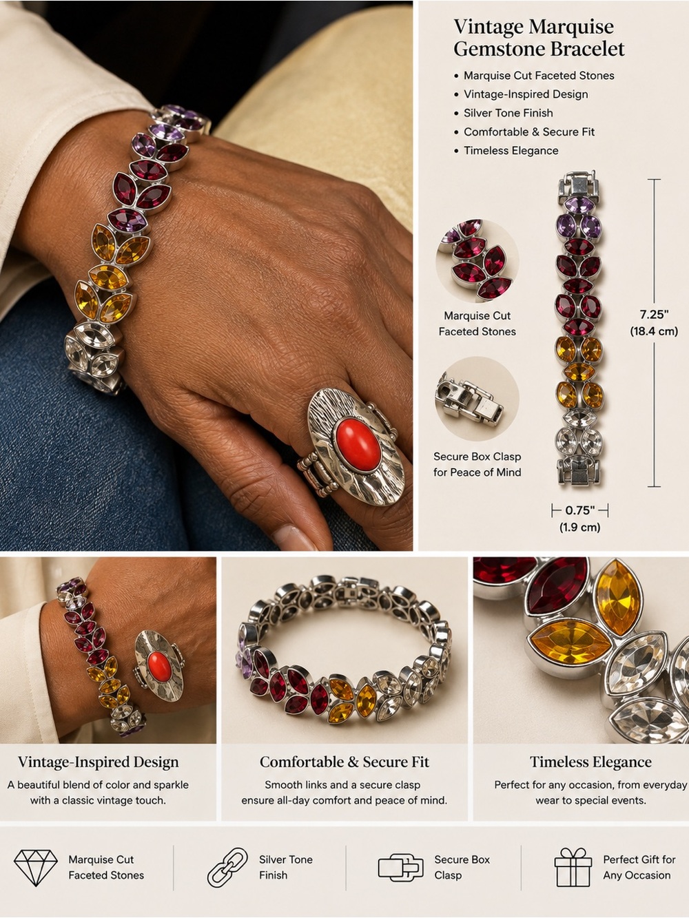 2pcs Vintage Marquise Gemstone Bracelet-Purple, Red & Yellow par with a red ring